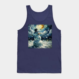 Snowman in a Starry Night Vista - Van Gogh-Inspired Winter Art Tank Top